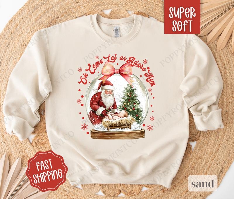 Oh Come Let Us Adore Him Sweatshirt, Christmas Sweater, Women's Holiday Crewneck T-Shirts, Hoodie | WearSparks.com