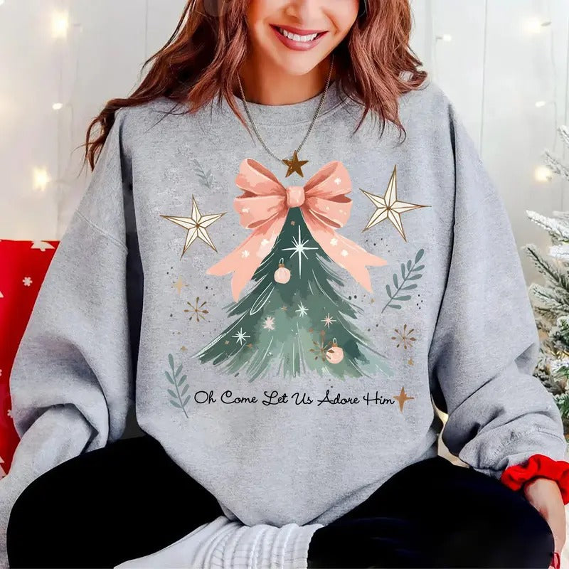 Oh Come Let Us Adore Him Sweatshirt, Coquette Bow Christmas Tree Shirt, Christian Christmas Sweatshirt, Jesus Lover...