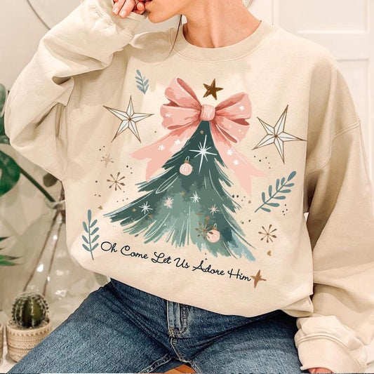 Oh Come Let Us Adore Him Sweatshirt, Coquette Bow Christmas Tree Sweater, Christmas Jesus Shirt, Christian Christmas...