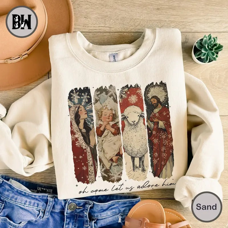 Oh Come Let Us Adore Him Sweatshirt, Nativity Scene Christmas Shirt, Jesus Christmas Shirt, Baby Jesus Shirt, Oh Holy...