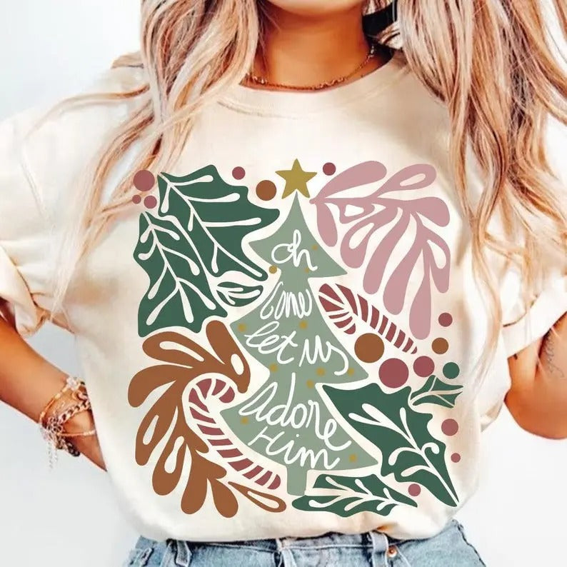 Oh Come Let Us Adore Him, Jesus Christmas, Boho Christmas Tree, Hand Drawn, Christian Christmas Tshirt Hoodie, Sweatshirt