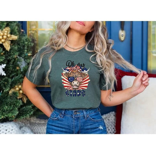 Oh My Stars Cow Shirt, Highland Cow shirt, Highland Cow With 4th July, American Flag Shirt, Fourth Of July Tee,...