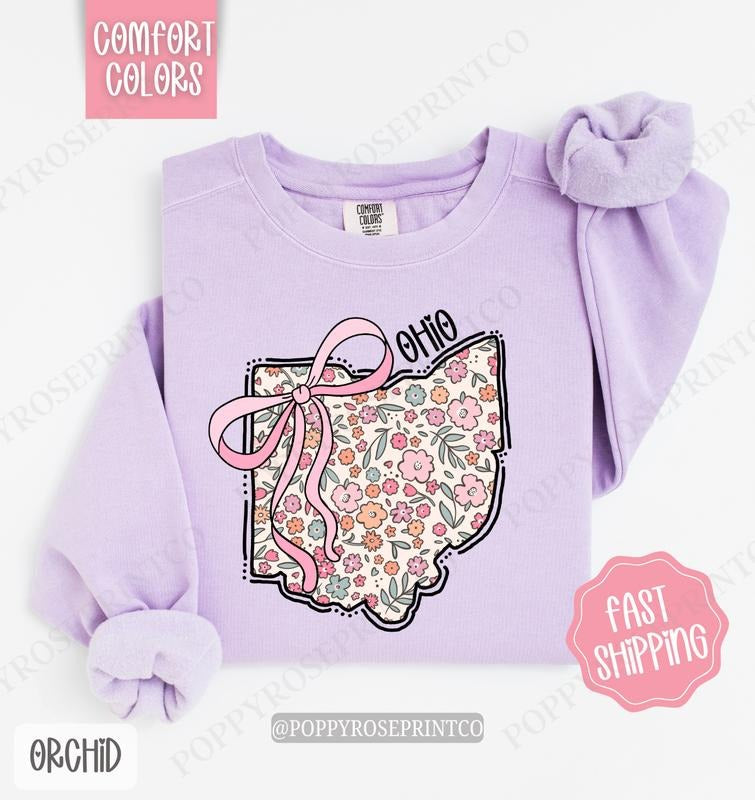 Ohio Floral Bow Comfort Colors Sweatshirt, Cute Trendy State Coquette Pullover T-Shirts, Hoodie | WearSparks.com