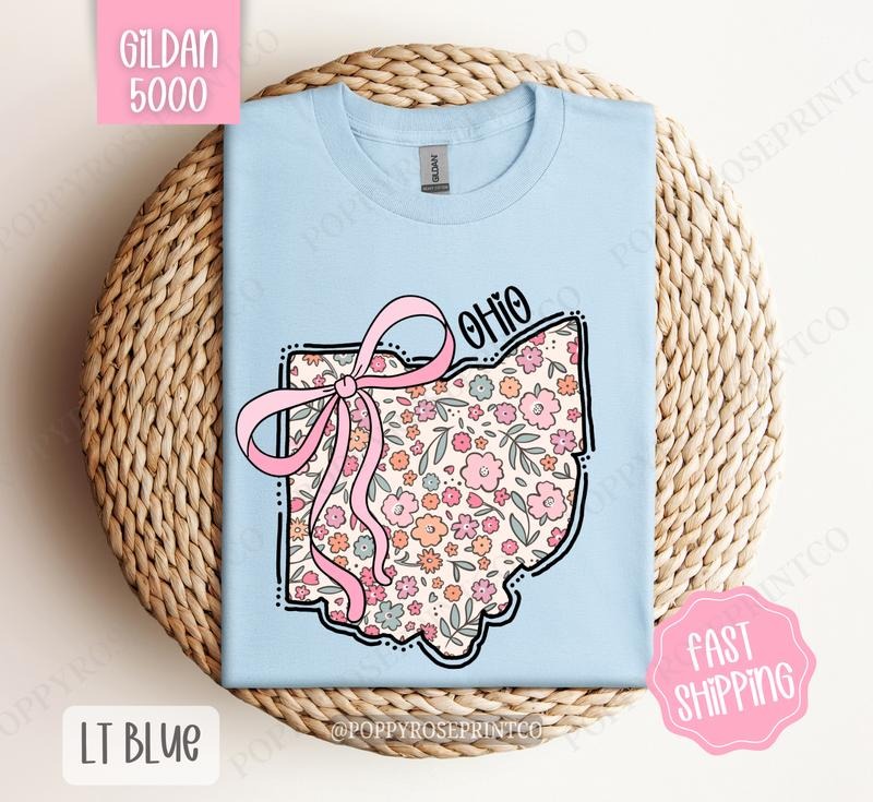 Ohio Floral Bow Gildan T-shirt, Cute Trendy Tee, State Coquette Oversized Top Hoodie, Sweatshirt | WearSparks.com