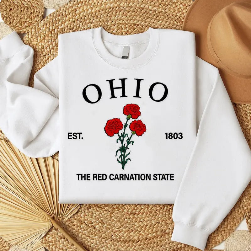 Ohio Red Carnation Embroidered State Flower Sweatshirt, Hometown Embroidered Shirt, Favorite Flower Embroidered Shirt Hoodie