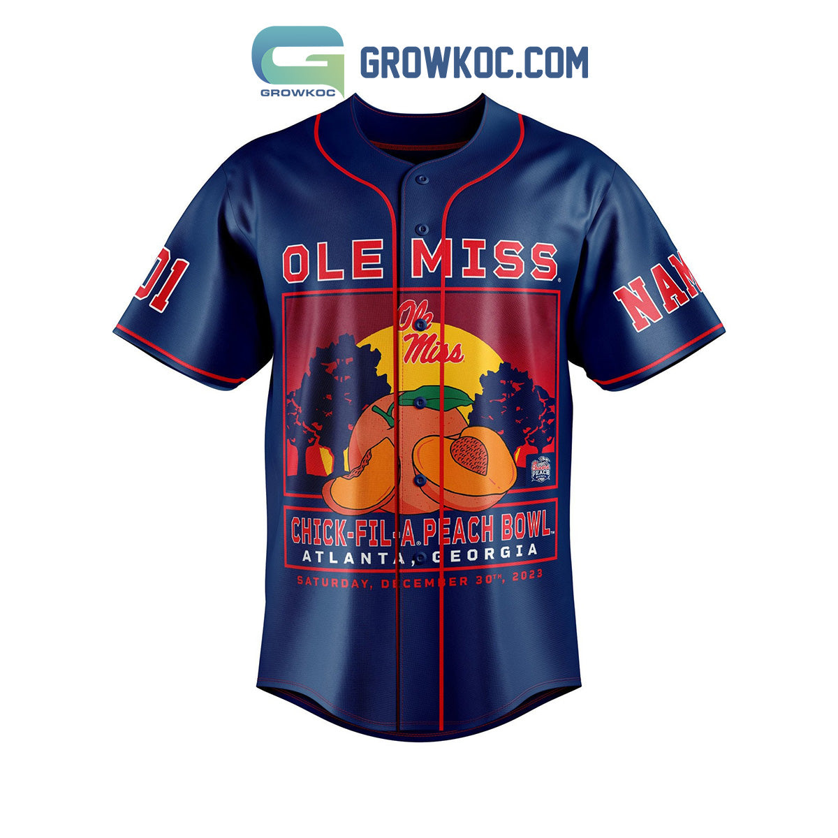 Ole Miss Rebel Chick-fil-APeach Bowl Personalized Baseball Jersey Navy