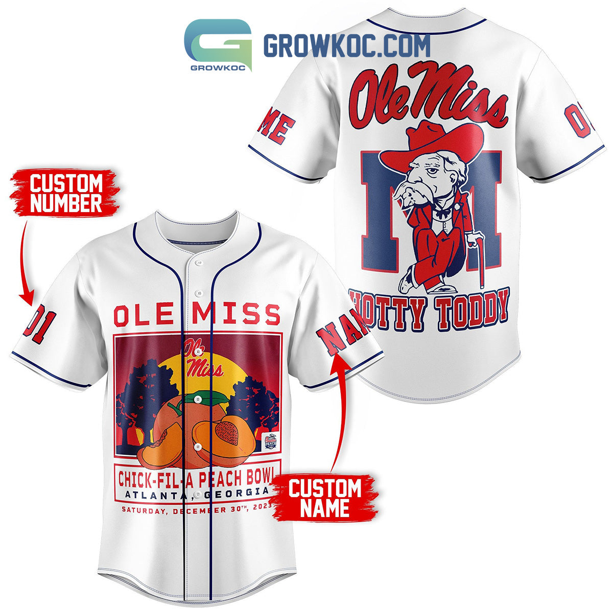 Ole Miss Rebel Chick-fil-APeach Bowl Personalized Baseball Jersey White