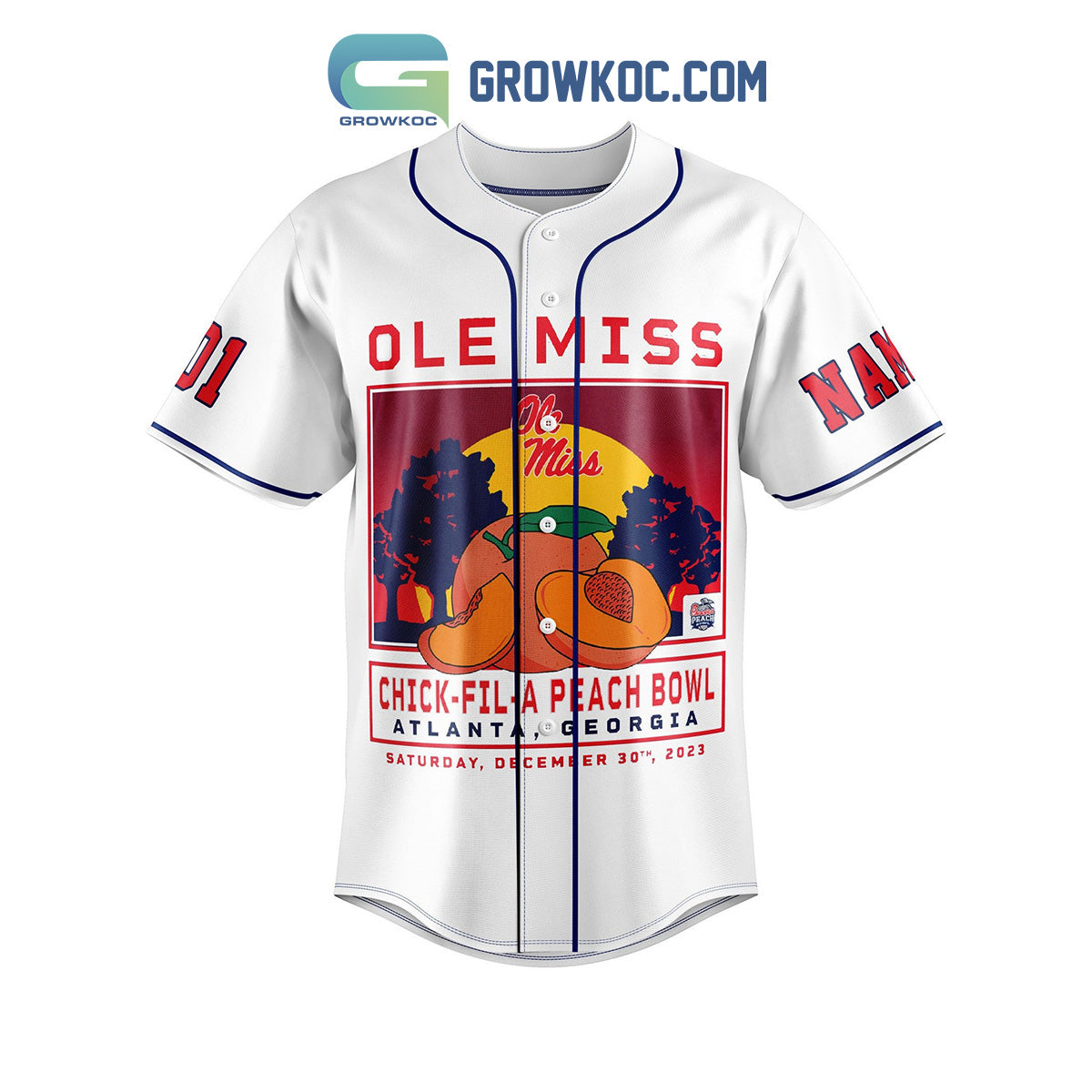 Ole Miss Rebel Chick-fil-APeach Bowl Personalized Baseball Jersey White