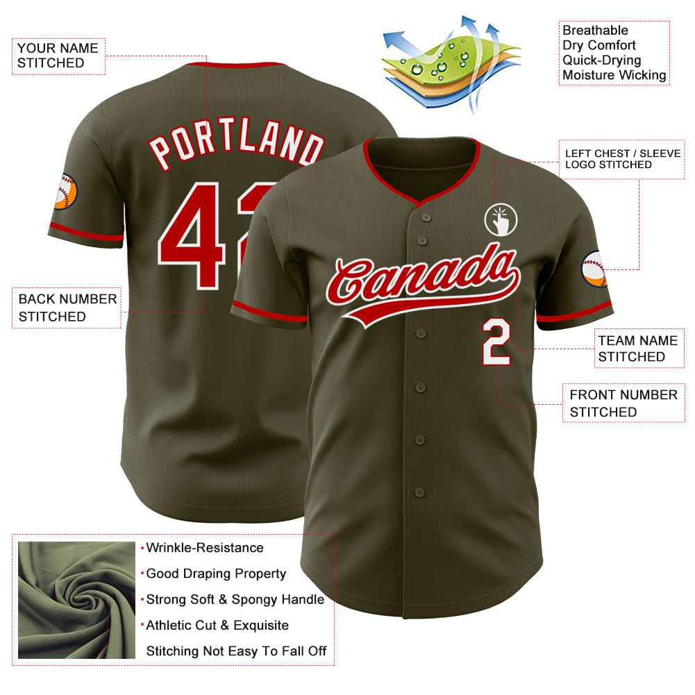 Custom Olive Red-White Authentic Baseball Jersey