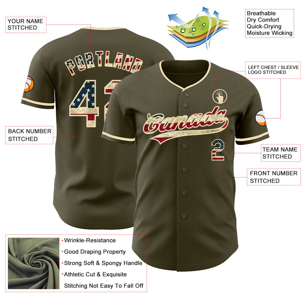 Custom Olive Vintage USA Flag-Cream Authentic Baseball Jersey