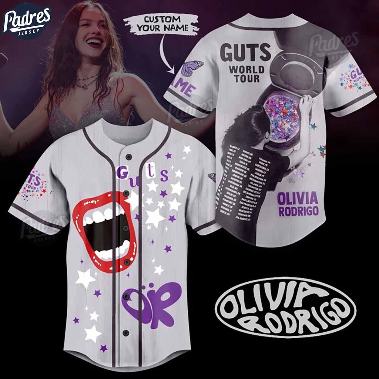 Olivia Rodrigo Guts World Tour Custom Baseball Jersey Style - Padres Jersey Oasis: Elevate Your Baseball Style... (Image 1)