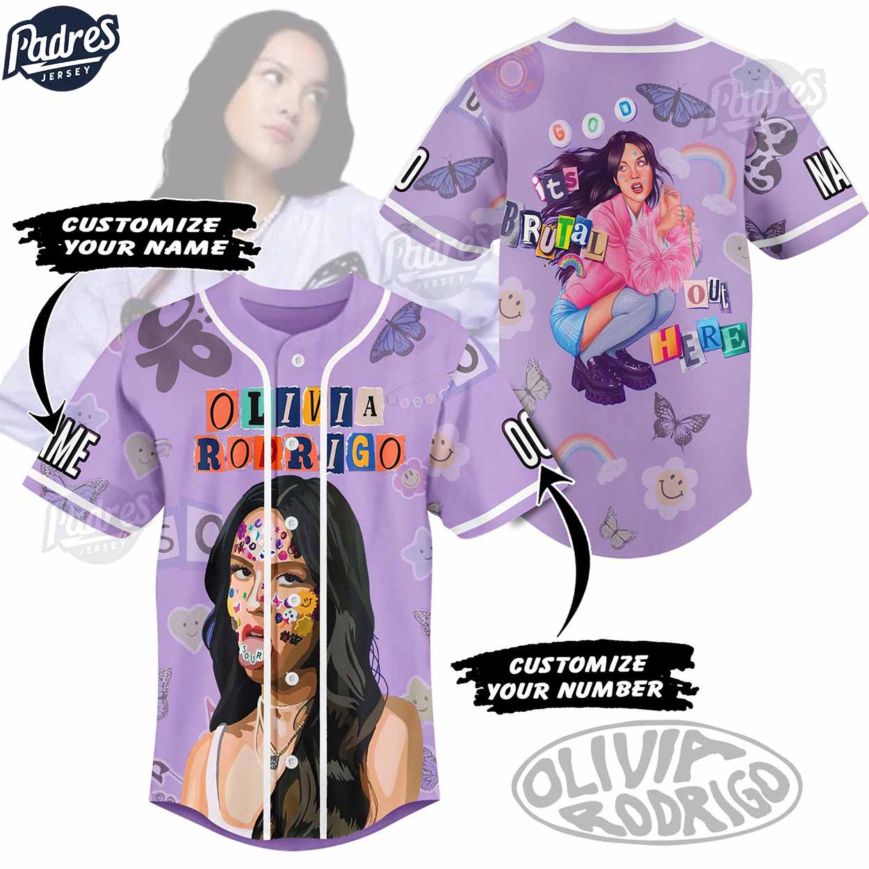 Olivia Rodrigo It's Brutal Out Here Custom Baseball Jersey Style - Padres Jersey Oasis: Elevate Your Baseball... (Image 1)