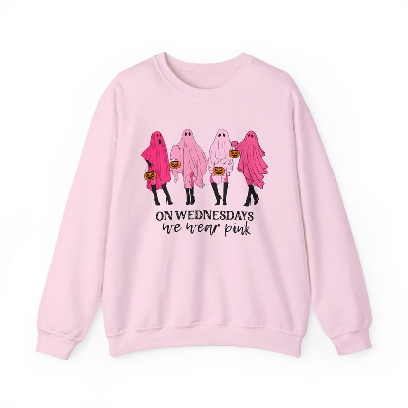 On Wednesday We Wear Pink Sweatshirt - Cute Ghost Halloween Crewneck T-Shirts, Hoodie | WearSparks.com