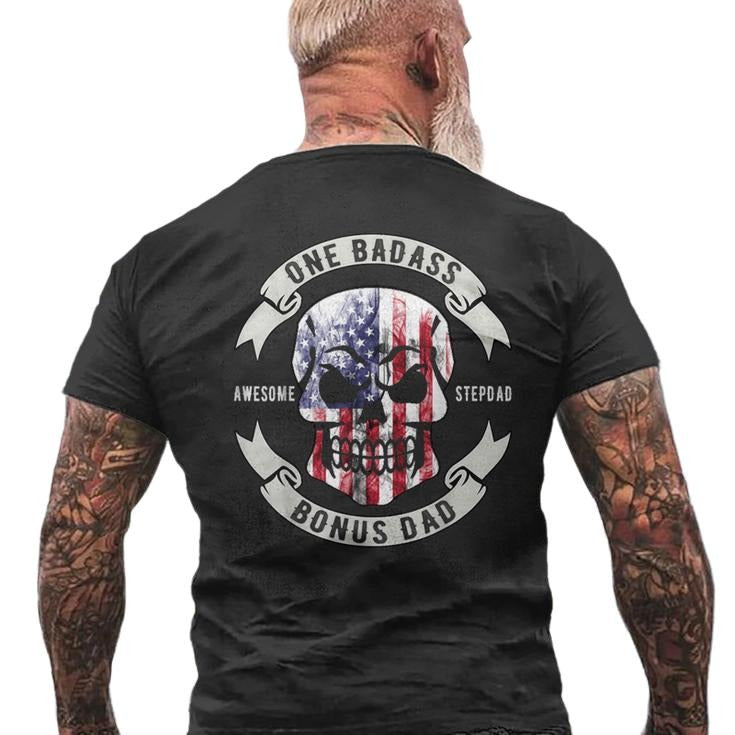 One Badass Bonus Dad Shirt, Vint*ge Skull Stepdad Tshirt, Birthday Fathers Day Gift, Men's Back Print Tee, Unisex Short...
