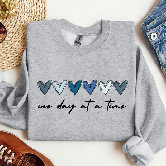 One Day At A Time Sweatshirt Hearts Crewneck Recovery Gift For Her Encouragement Shirt Inspirational Quotes Tshirt Mental...