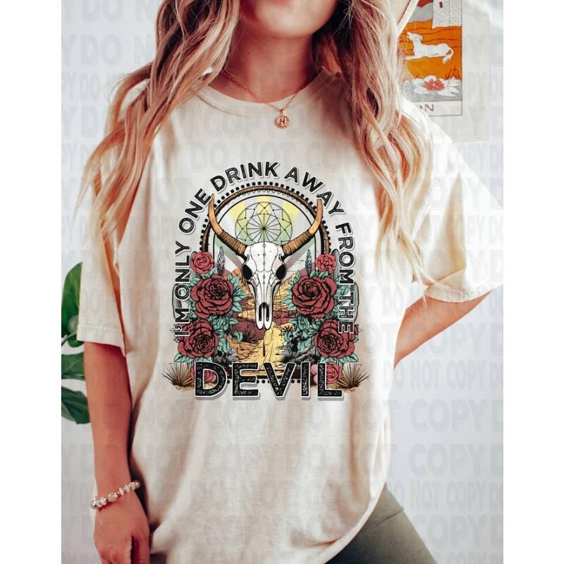 One Drink Away From The Devil Comfort Colors Tshirt, Country Music Graphic Tee, Western Concert Shirt Hoodie, Sweatshirt