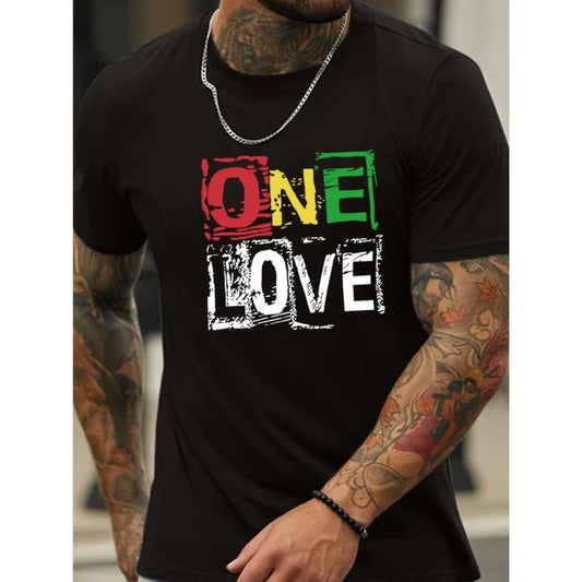 One Love Graphic Print T-Shirt for Men - Crew Neck Short Sleeve Summer Tee with Geometric Pattern and Casual Style