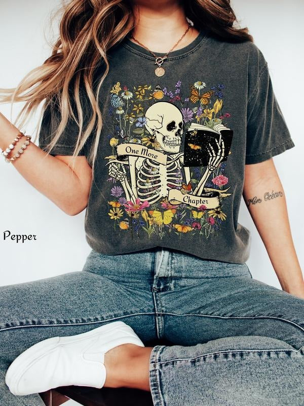 One More Chapter T-Shirt, Skeleton Reading Shirt, Whimsigoth Shirt, Skeleton with Book Shirt, Goblincore Shirt ,Librarian...