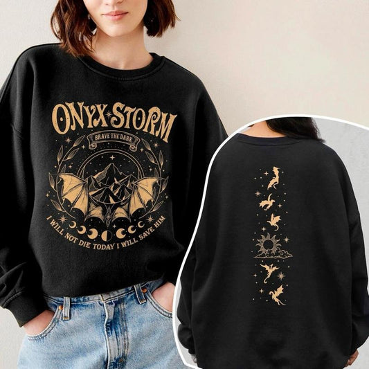 Onyx Storm 2 Sides Sweatshirt, Fourth Wing Hoodie, Basgiath War College Shirt, Fantasy Readers Shirt, Brave The Dark...