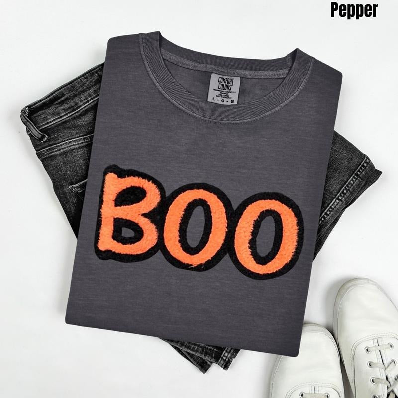 Orange & Black BOO Fluffy Patch Comfort Colors T-Shirt Hoodie, Sweatshirt | WearSparks.com