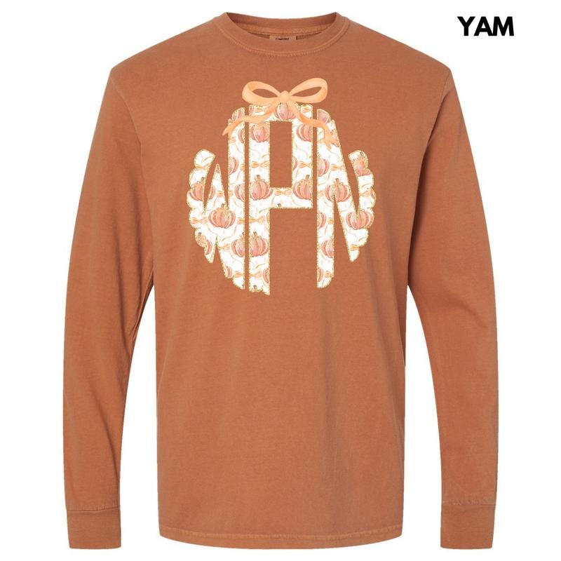 Orange Pumpkin Monogram Long Sleeve Comfort Colors T-Shirt 'NLB' Hoodie, Sweatshirt | WearSparks.com