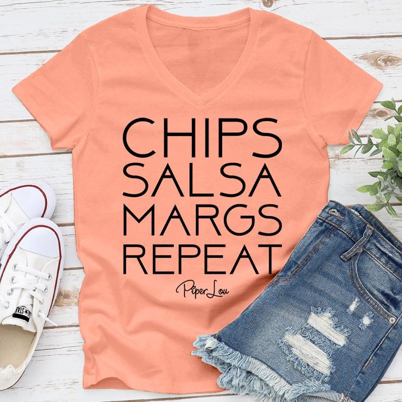Chips Salsa Margs Repeat Apparel, Proudly Printed In The USA, Tee / Tank / V Neck Gray / White / Blue / Hot Pink /...