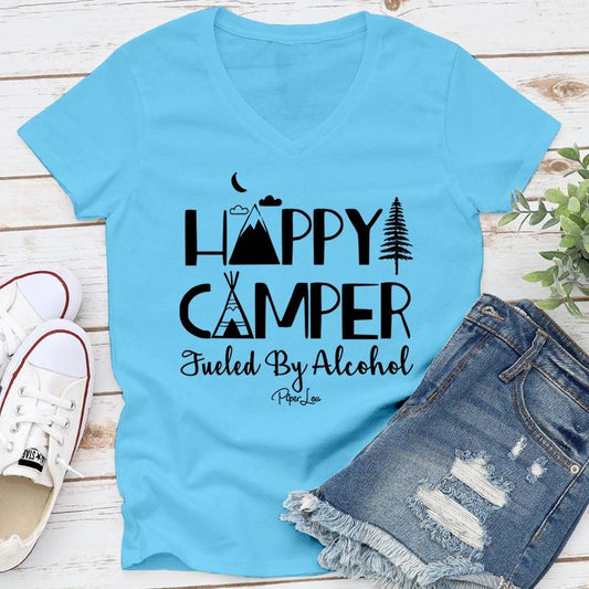 Happy Camper Fueled by Alcohol Apparel, Proudly Printed In The USA, Tee / Tank / V Neck Gray / White / Blue / Hot Pink /...
