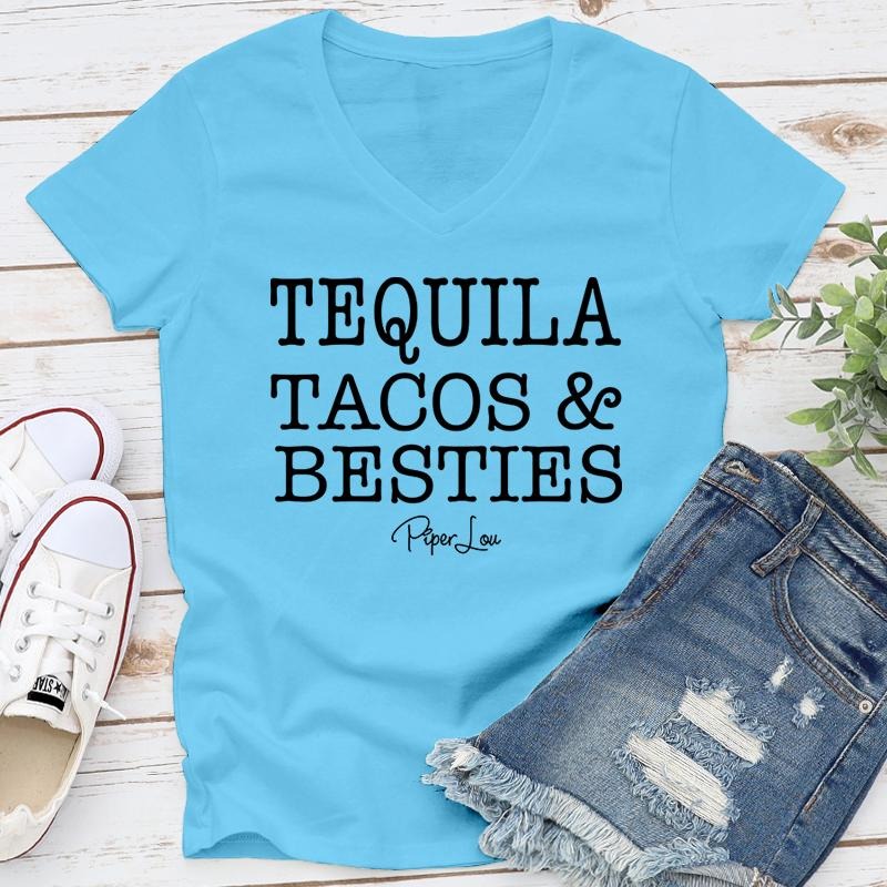 Tequila Tacos Besties Apparel, Proudly Printed In The USA, Tee / Tank / V Neck Gray / White / Blue / Hot Pink / Orange,...