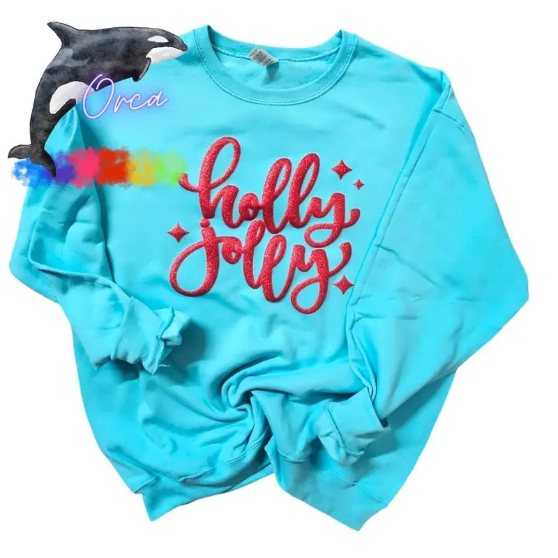 Orca ~ HOLLY JOLLY Unisex Sweatshirts with Red Puff Glitter ~ Small - 4XL Christmas Crewneck Casual Womenswear T-Shirts,...