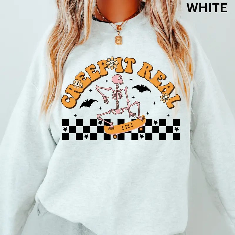 Oversized Halloween Crewneck Sweatshirt, Creep it Real Skater Crewneck, Retro Sweatshirt Graphic Oversized Halloween...