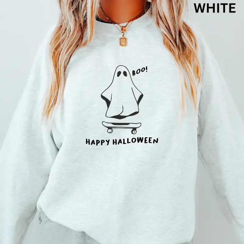 Oversized Halloween Crewneck, Skater Ghost Crewneck, Happy Halloween Sweatshirt Graphic Oversized Halloween Graphic...
