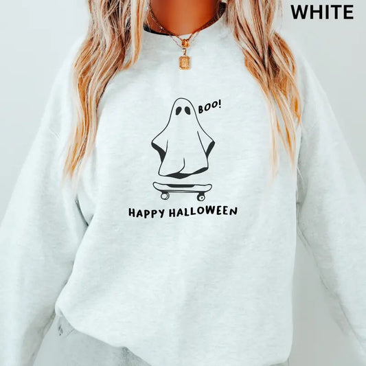 Oversized Halloween Crewneck, Skater Ghost Crewneck, Happy Halloween Sweatshirt Graphic Oversized Halloween Graphic...
