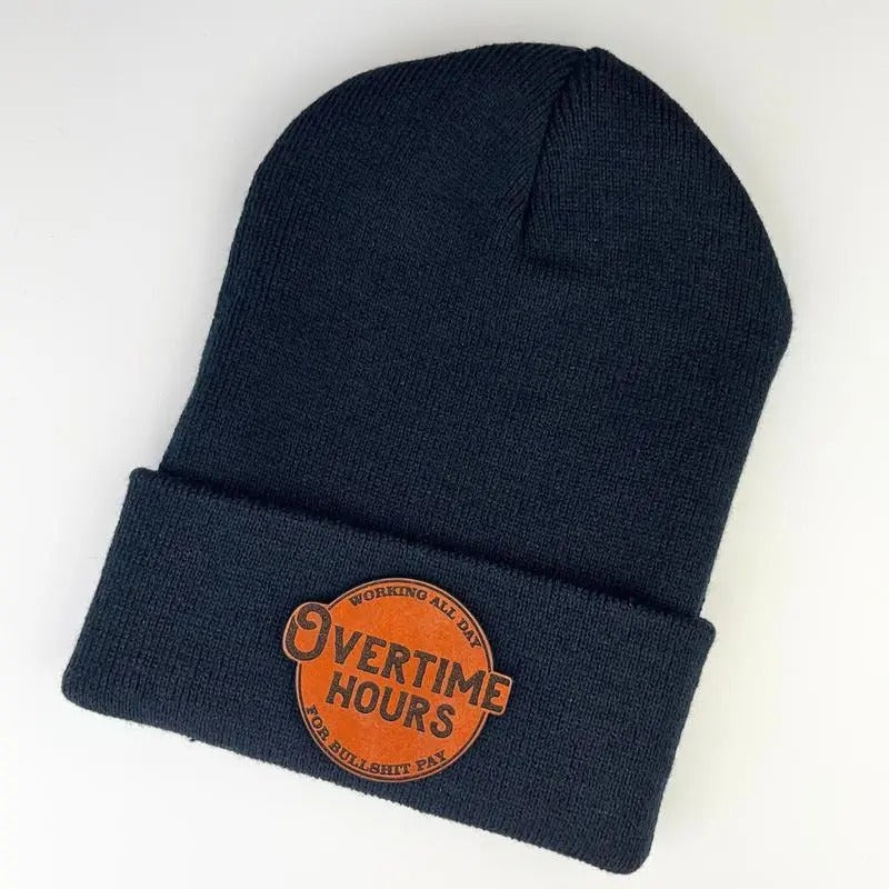 Overtime Hours Knit Beanie Custom Leather Patch T-Shirts, Hoodie, Sweatshirt | WearSparks.com