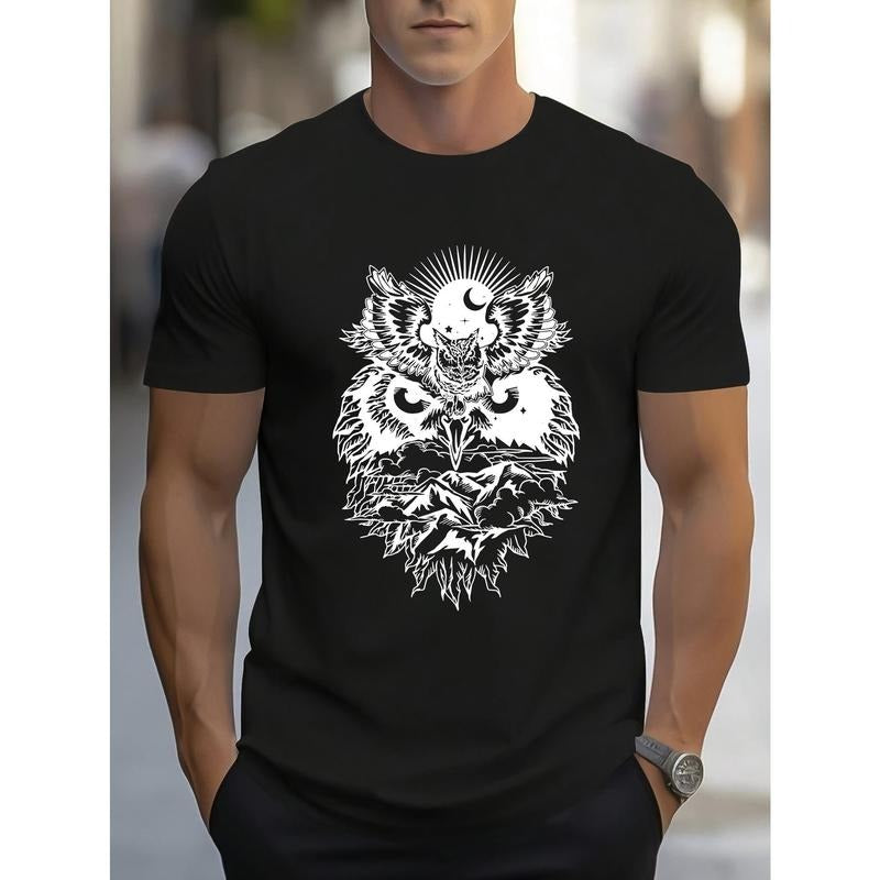 Owl Motif Print, Men's Crew Neck Short Sleeve T-shirt, Stylish & Trendy & Cozy For Casual Summer Wear Made in USA Hoodie,...