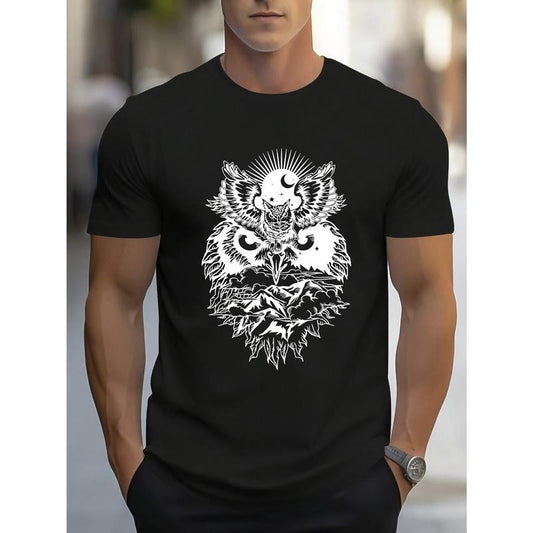 Owl Motif Print, Men's Crew Neck Short Sleeve T-shirt, Stylish & Trendy & Cozy For Casual Summer Wear Made in USA Hoodie,...