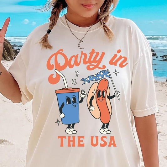 PARTY IN THE USA HOT DOG SHIRT, 4TH OF JULY SHIRT, JULY 4TH SHIRT UNISEX COTTON SHIRT, OVERSIZED HOLIDAY SUMMER SHIRT...