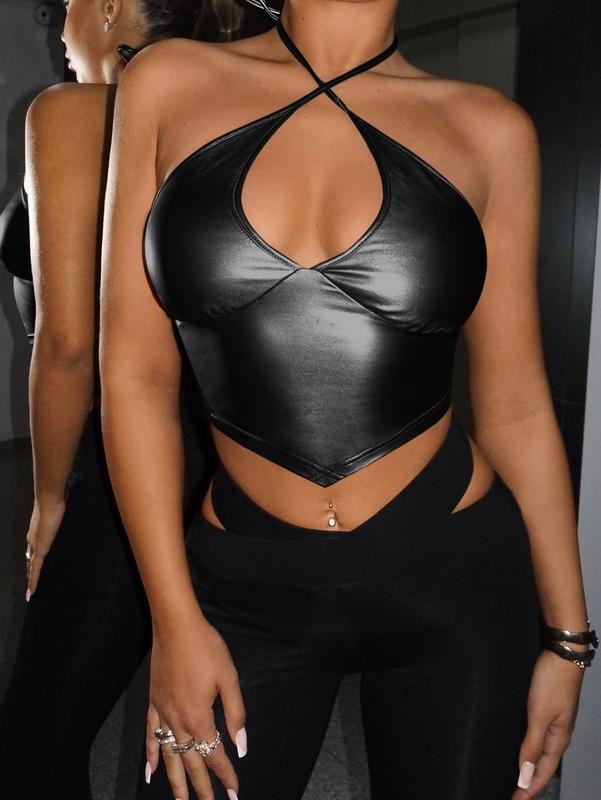 PU Leather Criss Cross Halter Tie Back Asymmetrical Crop Cami TopY2K T-Shirts, Hoodie, Sweatshirt | WearSparks.com