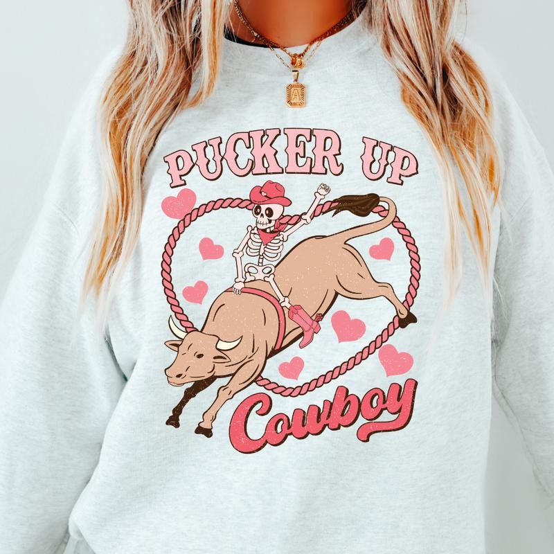 PUCKER UP COWBOY CREWNECK (Crewneck Sweatshirt, Unisex Fit, Casual Sweatshirt for Valentines Day, Holiday Sweatshirt)...