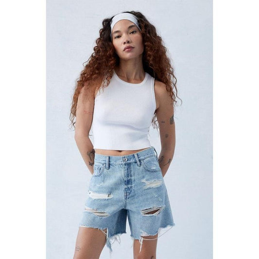 PacSun Women's Eco Light Indigo Ripped High Waisted Relaxed Jortsstyle{n002}3 T-Shirts, Hoodie, Sweatshirt | WearSparks.com
