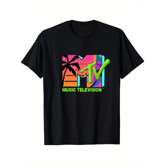 Palm Tree Retro Tee, 100% Cotton, Crew Neck, Short Sleeve, Medium Stretch, Geometric-Pattern, Regular Fit, Knit Fabric,...