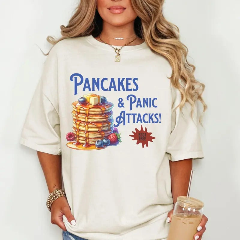 Pancakes & Panic Attacks Shirt, Gift For Christmas, Sarcastic Anxiety Mental Healthtee, Pancake Lover T Shirt, Funny...