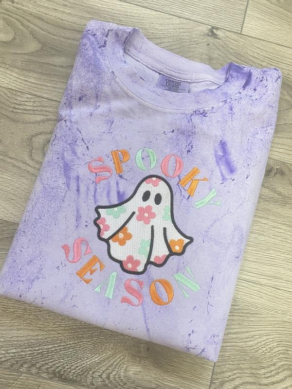 Pastel Floral Ghost T Shirt Colorblast Machine Embroidered Short Sleeve Shirt Hoodie, Sweatshirt | WearSparks.com