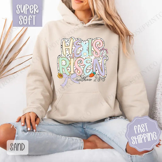 Pastel He is Risen Hoodie, Easter Women's Crewneck, Cute Religious Women's Hooded Sweater T-Shirts, Sweatshirt