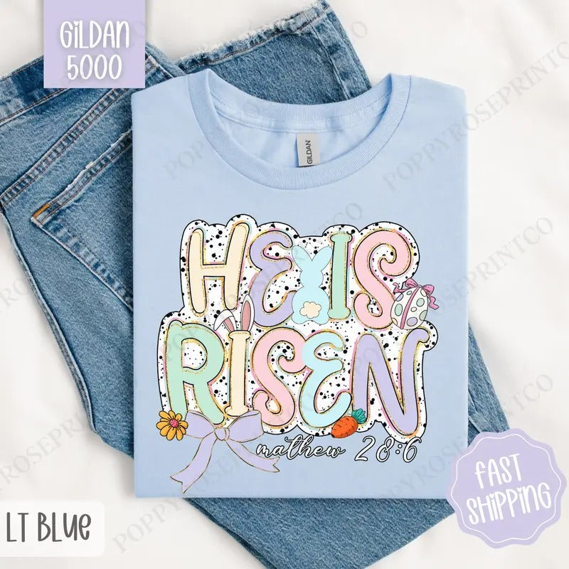 Pastel He is Risen Shirt Gildan, Cute Easter Tee, Trendy Religious Women's Tshirt Plus Sizes, Gift for Her Hoodie, Sweatshirt