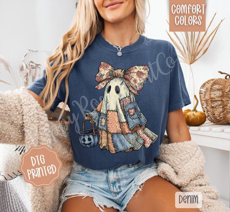 Patchwork Ghost Comfort Colors, Trendy Women's Halloween Tshirt Hoodie, Sweatshirt | WearSparks.com