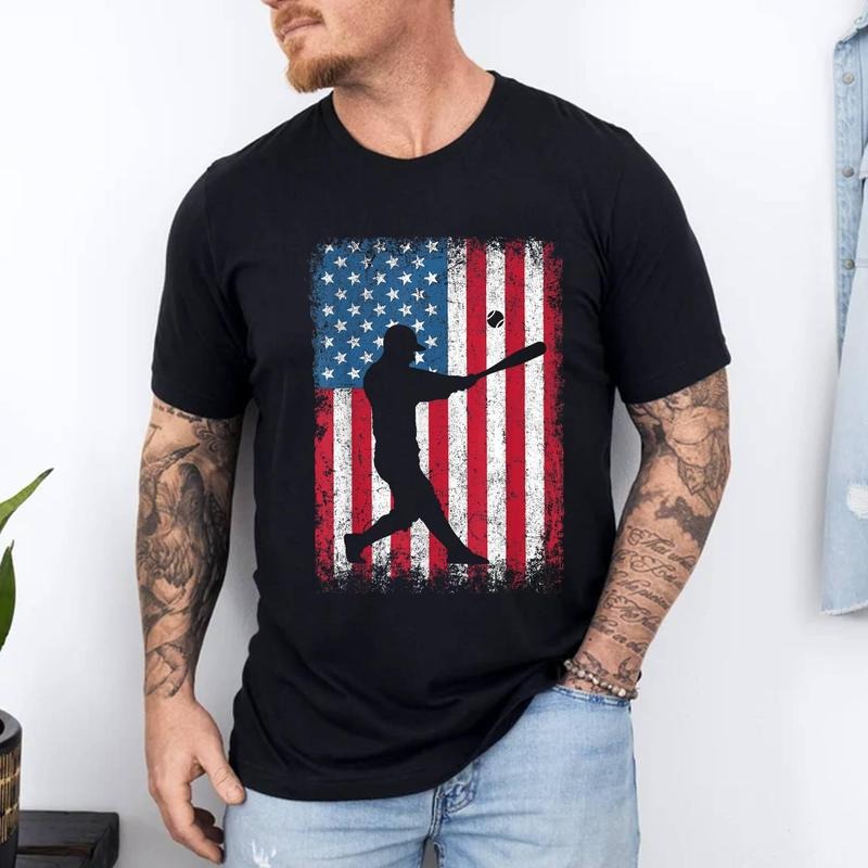 Patriotic Baseball 4th Of July Men USA American Flag Boys T-Shirt | 100% Cotton Tee, Top Menswear Hoodie, Sweatshirt