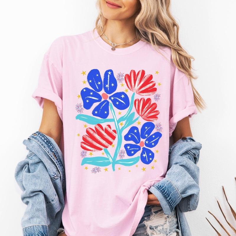 Patriotic Flowers, Red White Blue, America, USA, 4th of July Tshirt, Women's Comfort Colors Tee Hoodie, Sweatshirt