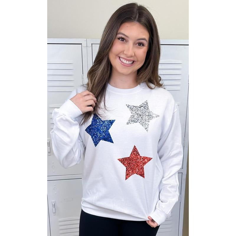 Patriotic Glitter Star Sweatshirt - Cozy Pride Vibes #PatrioticStars #July4thSweatshirt #WhiteGlow T-Shirts, Hoodie