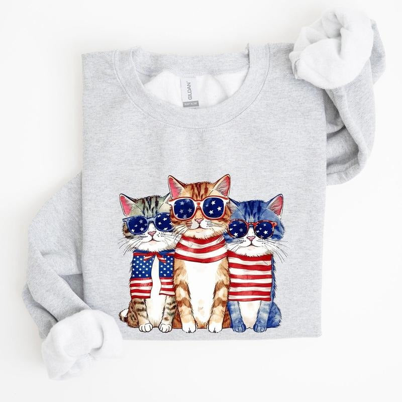 Patriotic Hippie Cats, Funny,  4th of July Sweatshirt, Women's Crew Neck, Crewneck T-Shirts, Hoodie | WearSparks.com
