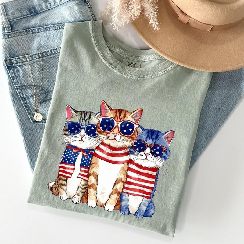 Patriotic Hippie Cats, Funny, Patriotic, 4th of July Tshirt, Women's Crew Neck, Crewneck Hoodie, Sweatshirt | WearSparks.com